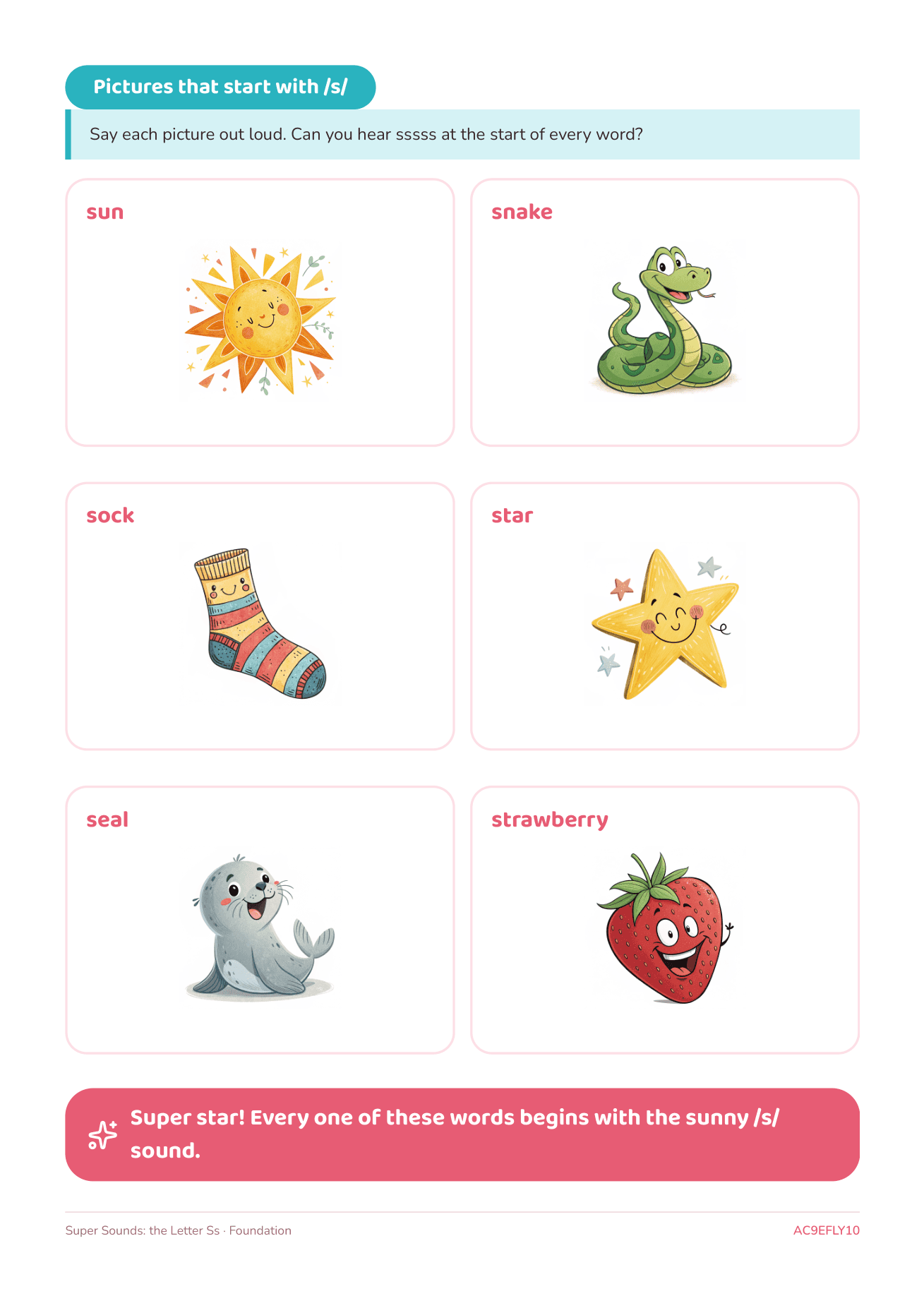 A Foundation phonics page of six picture cards — sun, snake, sock, star, seal and strawberry — for saying aloud and hearing the initial s sound.