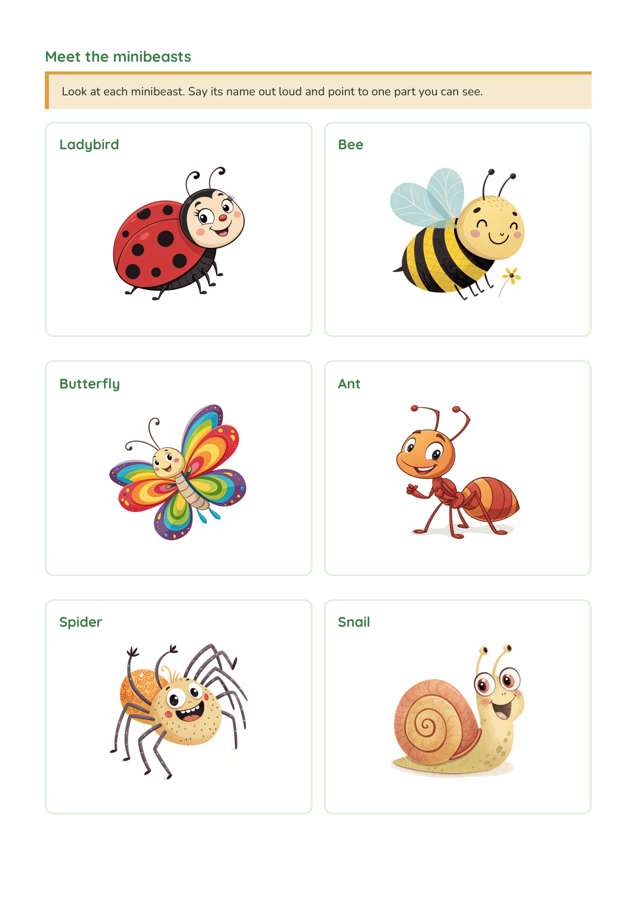 A Year 2 Science page introducing six minibeasts — ladybird, bee, butterfly, ant, spider and snail — each in its own labelled card with a bright illustration.