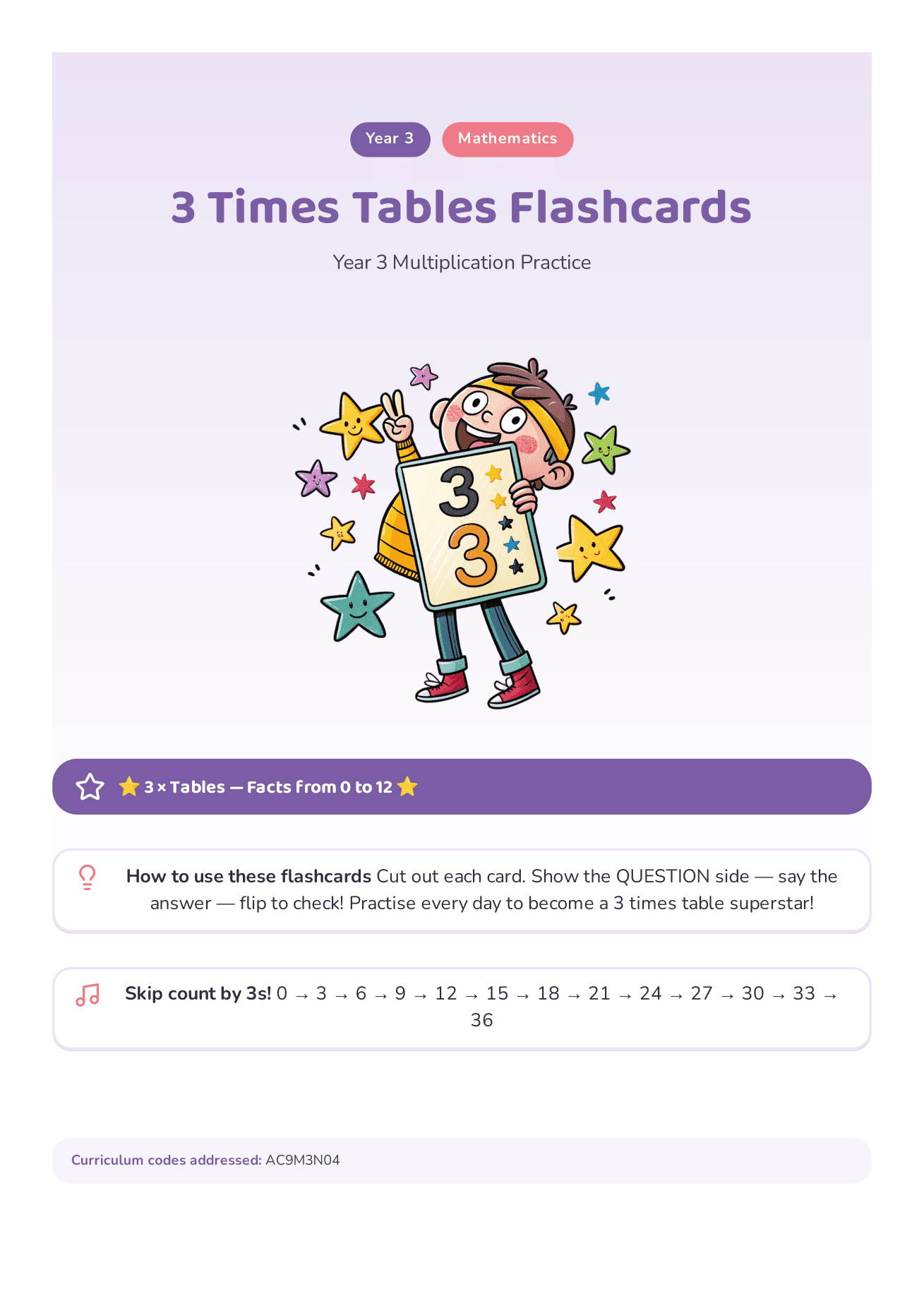 A printable sheet of Year 3 three-times-table flashcards laid out as cut-out cards.