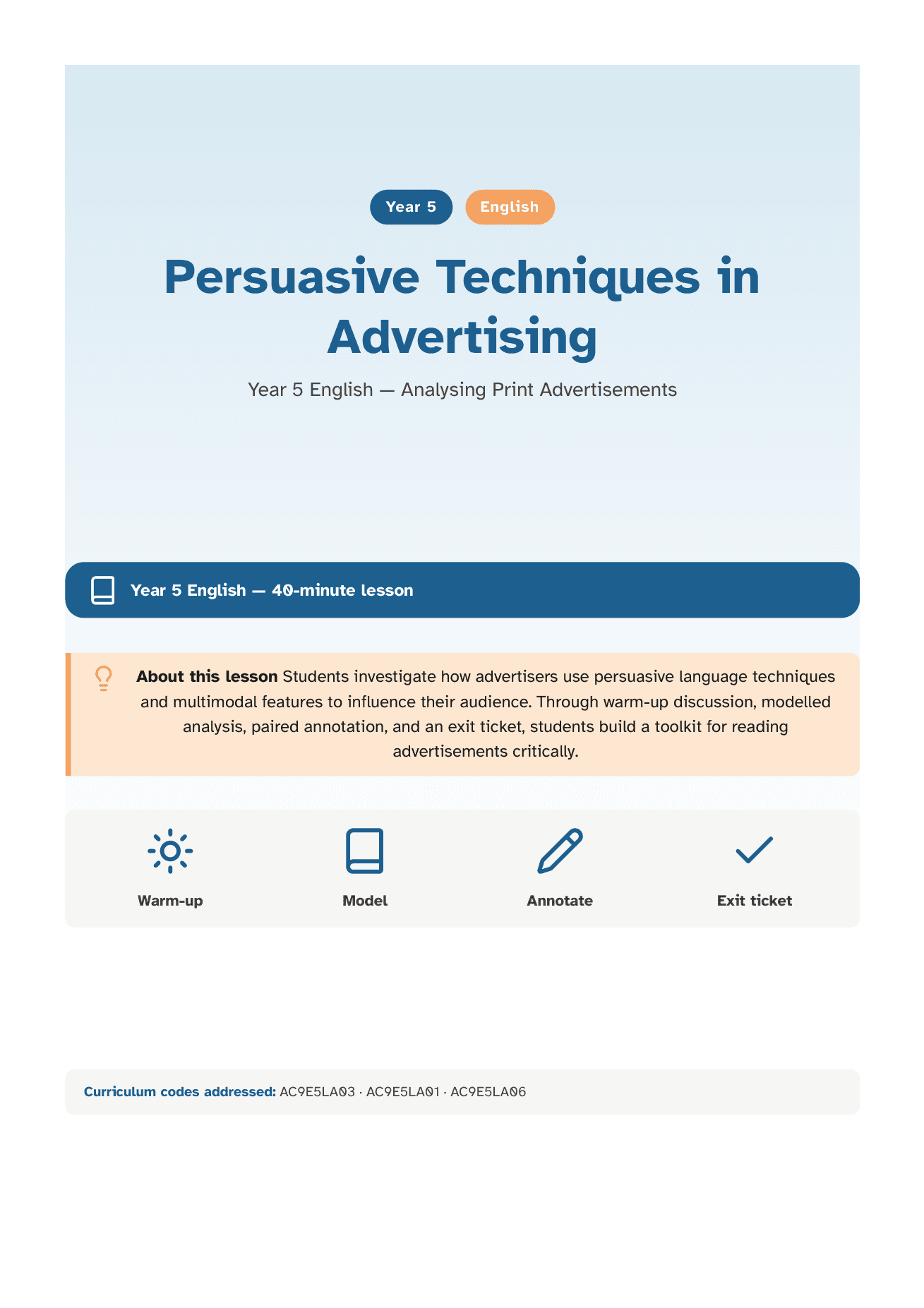 The cover of a Year 5 English lesson plan on persuasive techniques in advertising, showing a 40-minute lesson banner and curriculum codes.