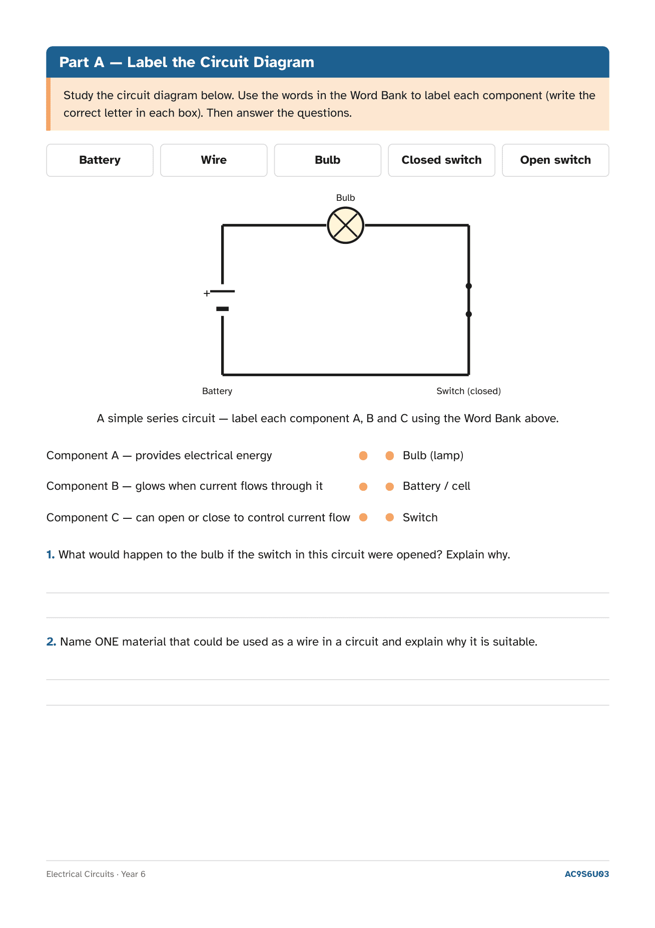 A Year 6 Science activity page titled Label the Circuit Diagram, with a drawn series circuit of battery, bulb and closed switch, a word bank, a match-the-component task and two written-response questions.