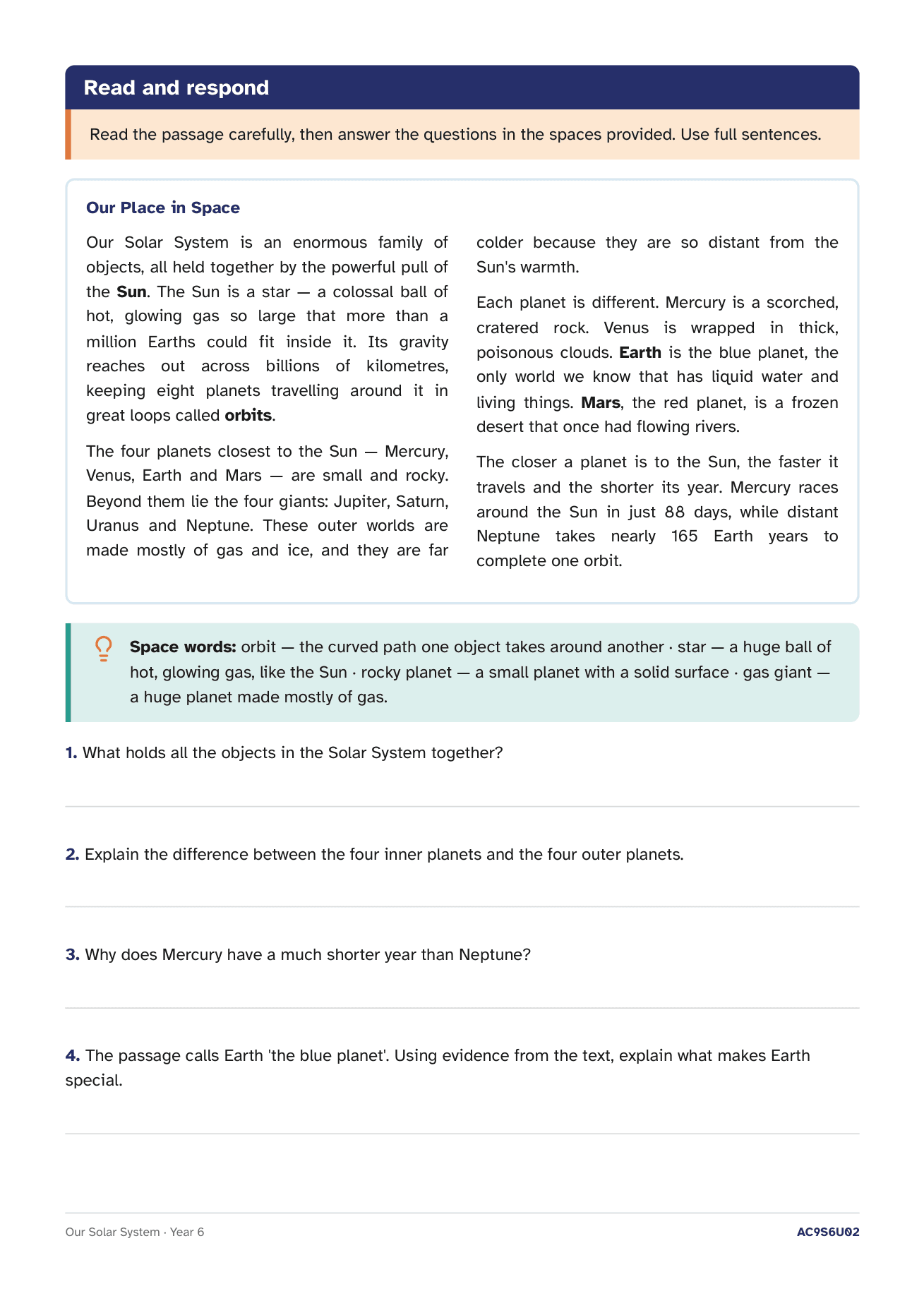 A Year 6 read-and-respond page with a two-column passage titled Our Place in Space, a space-words vocabulary box and four comprehension questions with ruled answer lines.